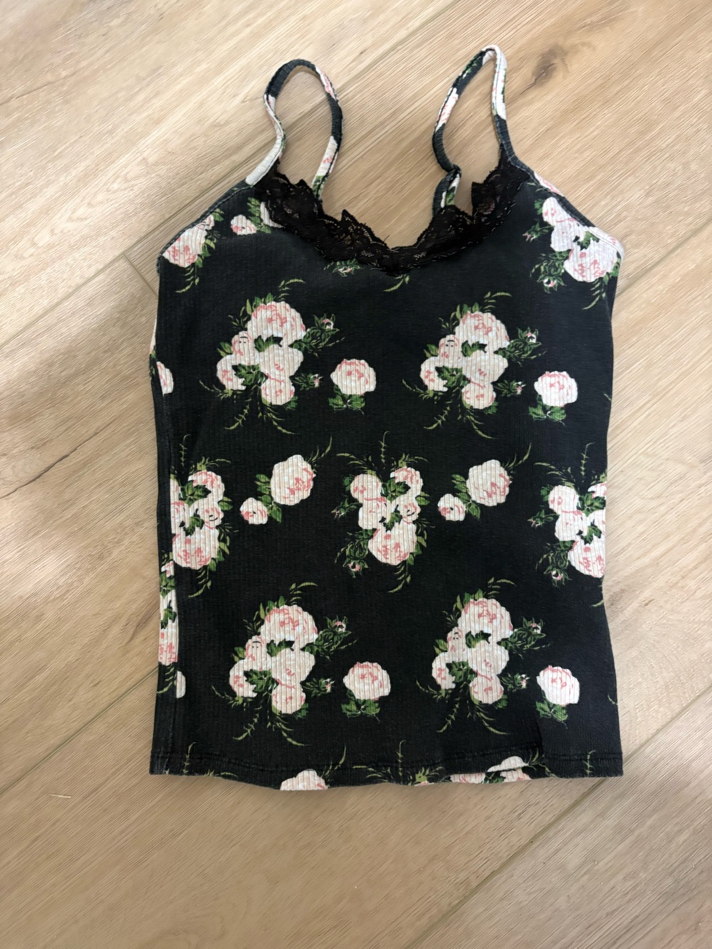 Full Circle Black Floral Lace Trim Cami Tank Top Size Small